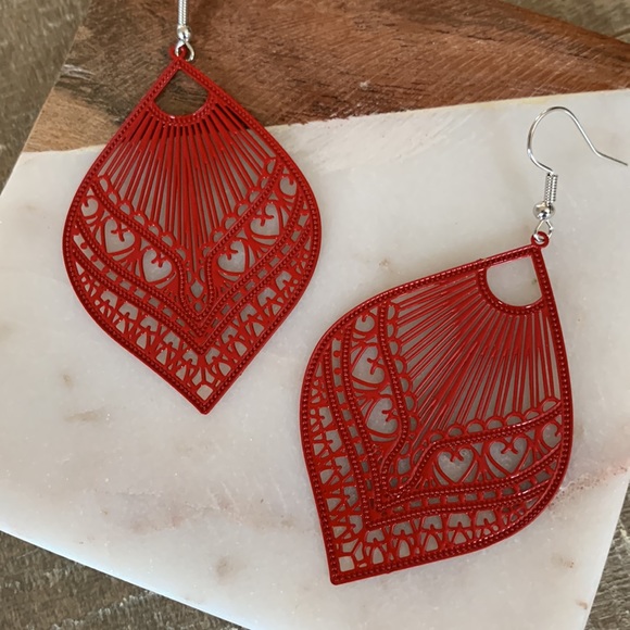 Red Filigree Drop Earrings - Picture 3 of 6
